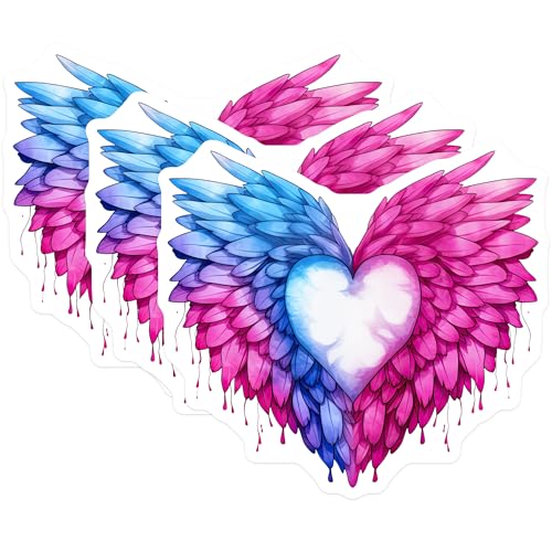 (3 Pack) Feather Heart Decals - Winged Heart Stickers - Pink Blue Heart Decal- 3 Inches On Longest Side - Easy Peel & Apply - Made in USA - 3MCS5991