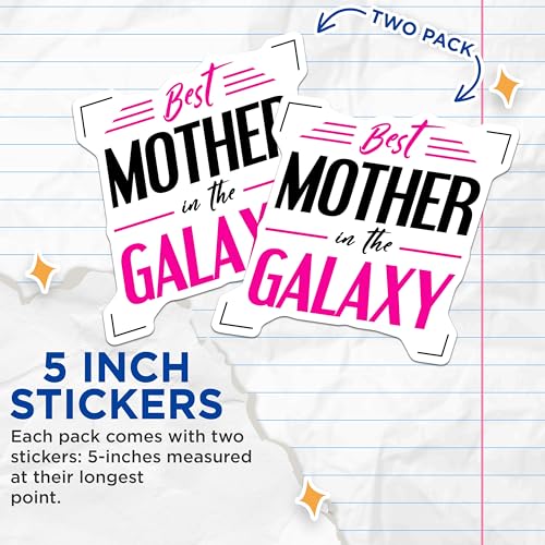 (2 Pack) Best Mother in The Galaxy Stickers - Mother's Day Stickers - Cute Space Mom Stickers - 5" On Longest Side - Sticks to Smooth Flat Surfaces - Made in USA - BMCS4775