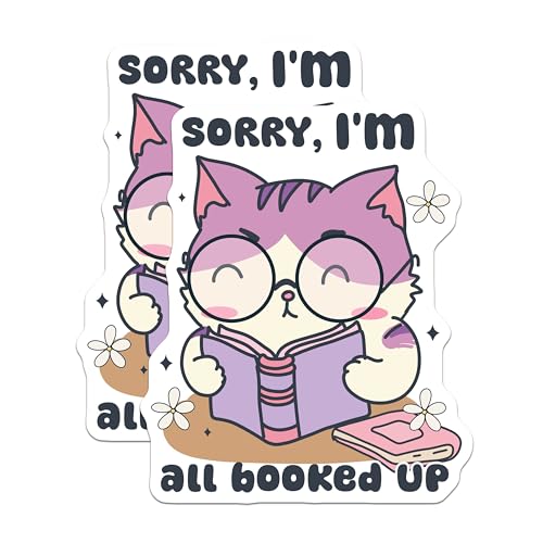 (2 Pack) Cute Cat Booked Up Stickers - Adorable Cat Reading - Fun Cat Lover - 5" On Longest Side - Sticks to Smooth Flat Surfaces - Made in USA - BMCS7039