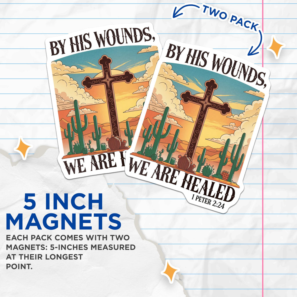 (2 Pack) Christian Faith Magnets - Bible Verse Desert Cross Decor - 1 Peter 2:24 Healing Scripture - 5 Inches On Longest Side - Thick Durable Magnet - Made in USA - MAG22457