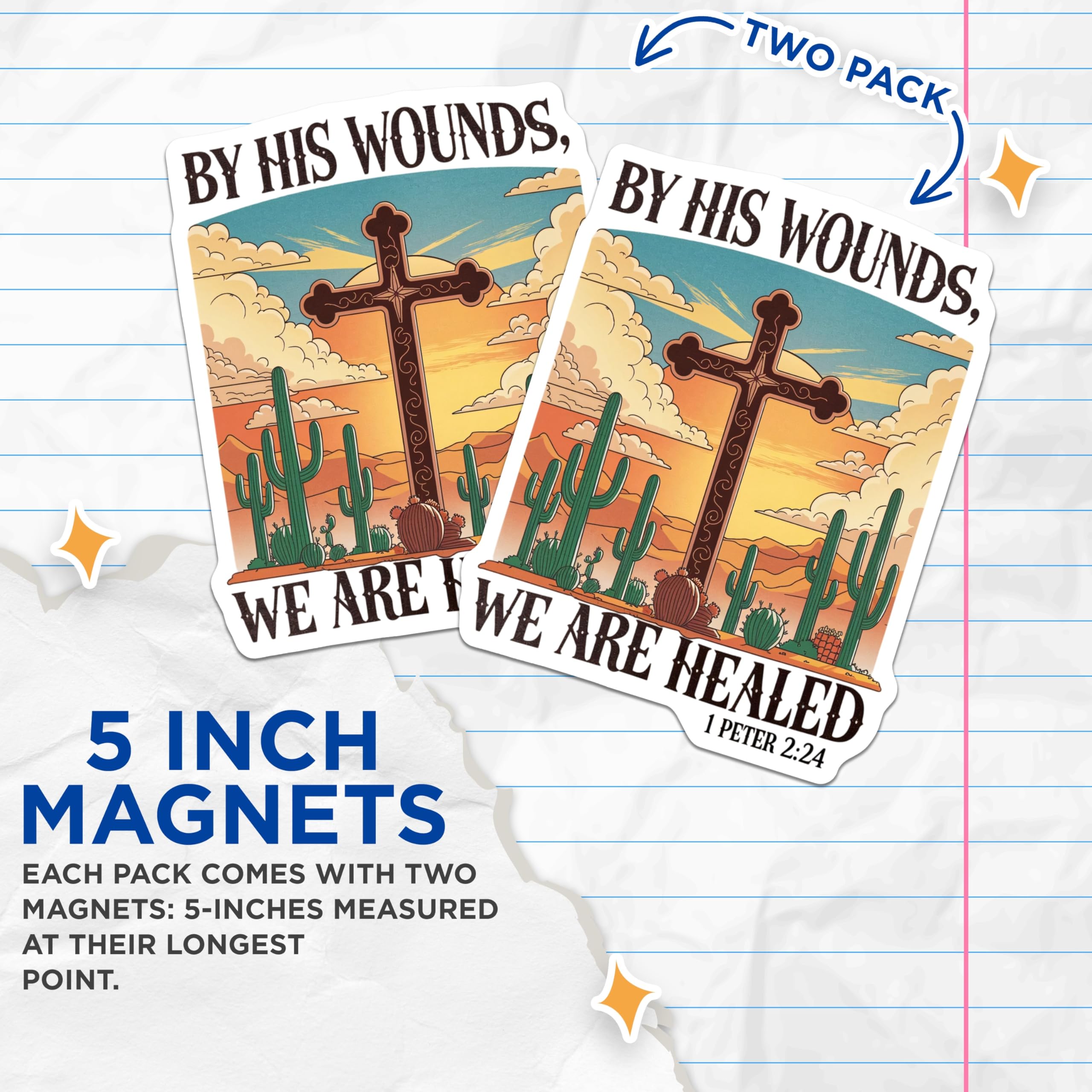 (2 Pack) Christian Faith Magnets - Bible Verse Desert Cross Decor - 1 Peter 2:24 Healing Scripture - 5 Inches On Longest Side - Thick Durable Magnet - Made in USA - MAG22457