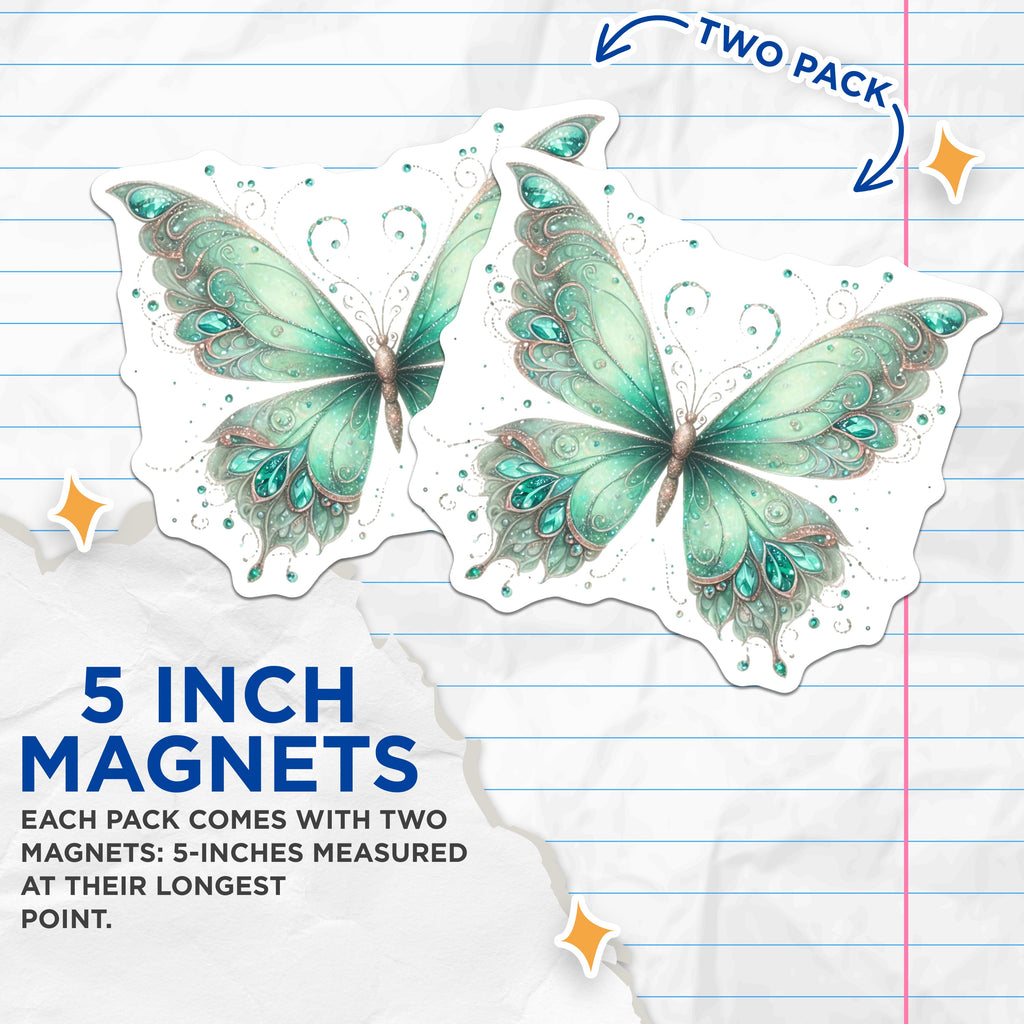(2 Pack) Emerald Butterfly Magnets - Teal Aesthetic Decor - Whimsical Fairycore Art - Magical Fantasy Accent - 5 Inches On Longest Side - Thick Durable Magnet - Made in USA - MAG39423