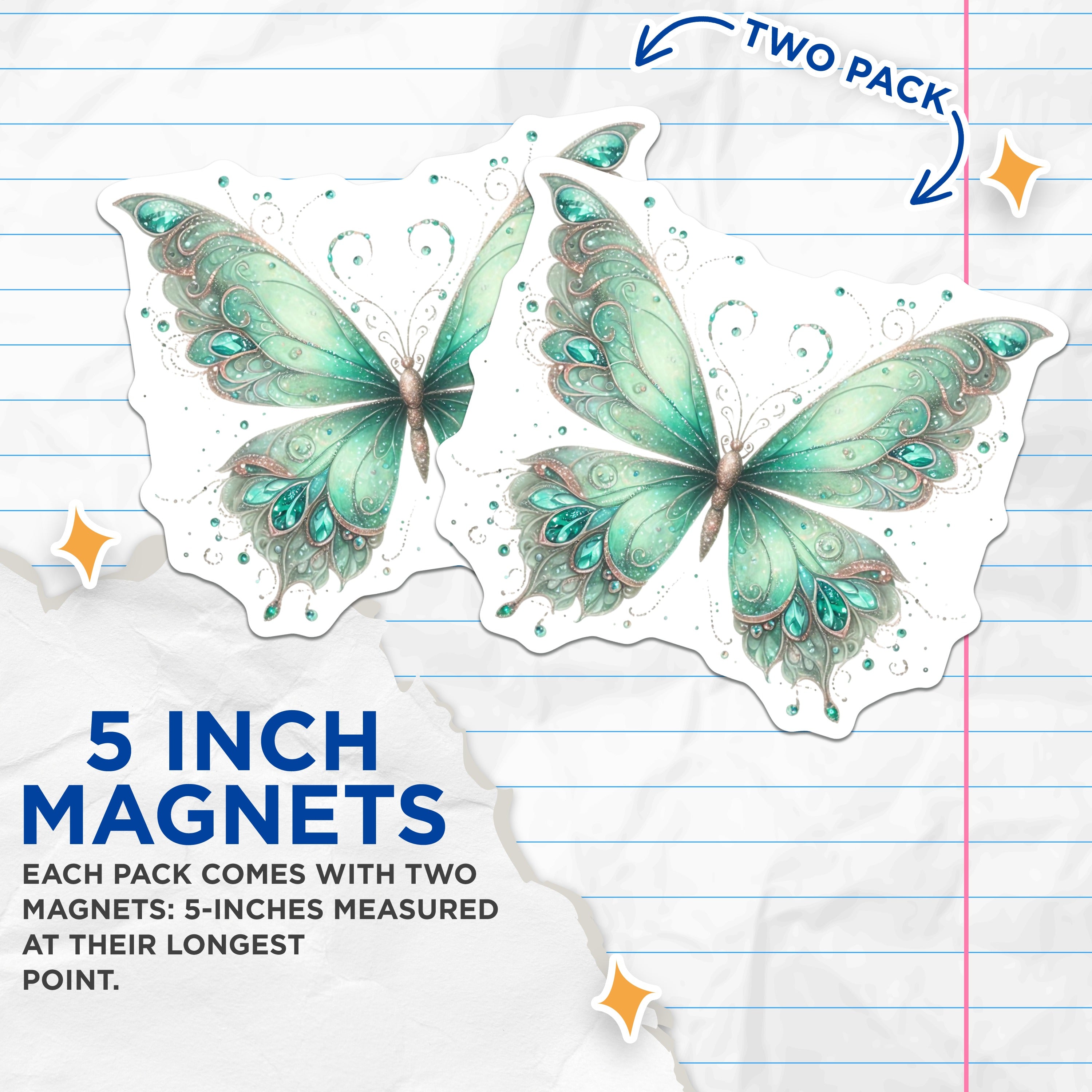 (2 Pack) Emerald Butterfly Magnets - Teal Aesthetic Decor - Whimsical Fairycore Art - Magical Fantasy Accent - 5 Inches On Longest Side - Thick Durable Magnet - Made in USA - MAG39423