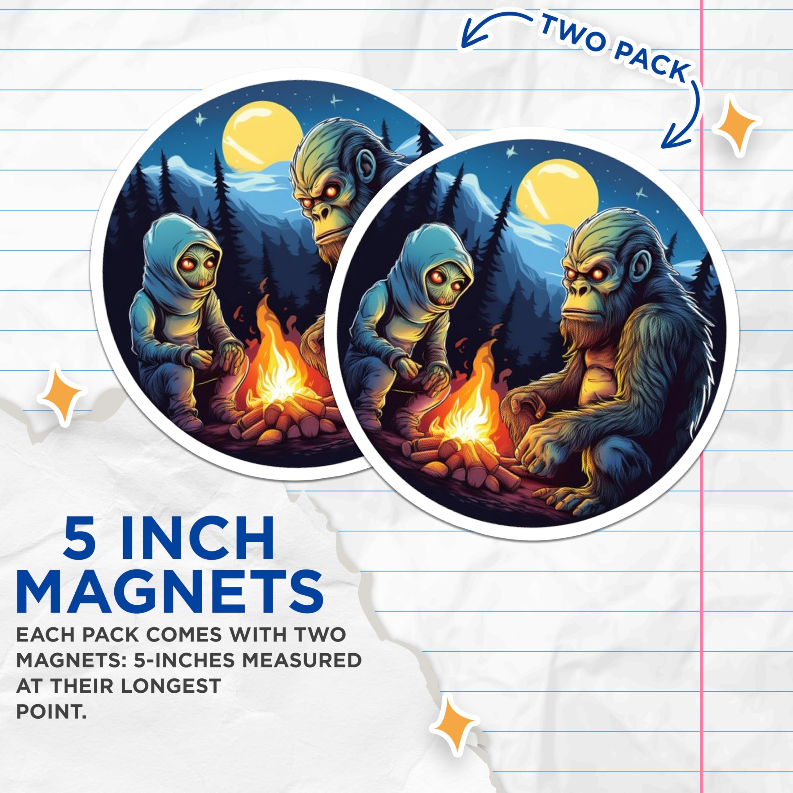 (2 Pack) Bigfoot Sasquatch Magnets - Alien Creature Campfire Night - Mysterious Forest Cryptid Decor - 5 Inches On Longest Side - Thick Durable Magnet - Made in USA - MAG22665