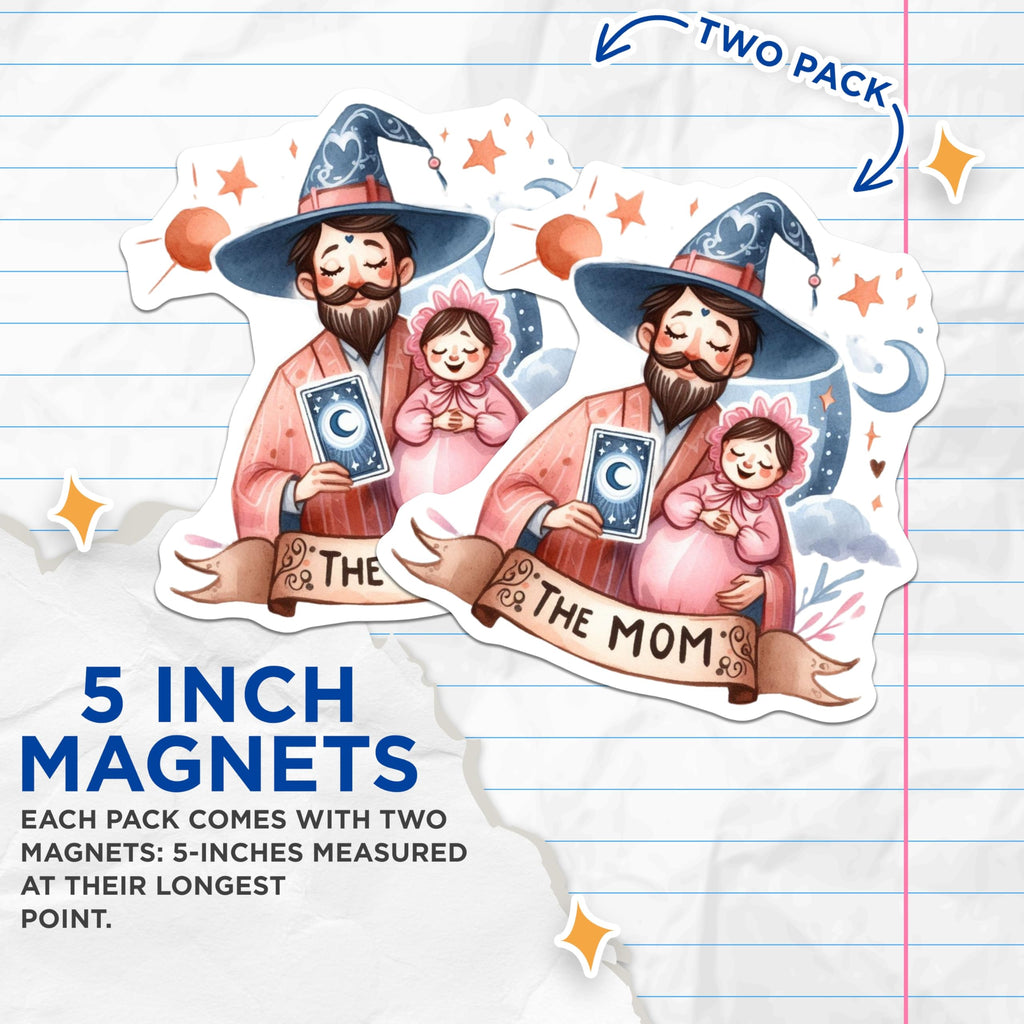 (2 Pack) The Mom Wizard Magnets - Whimsical Parenting Figure - Mystical Tarot Card Art - 5 Inches On Longest Side - Thick Durable Magnet - Made in USA - MAG20817