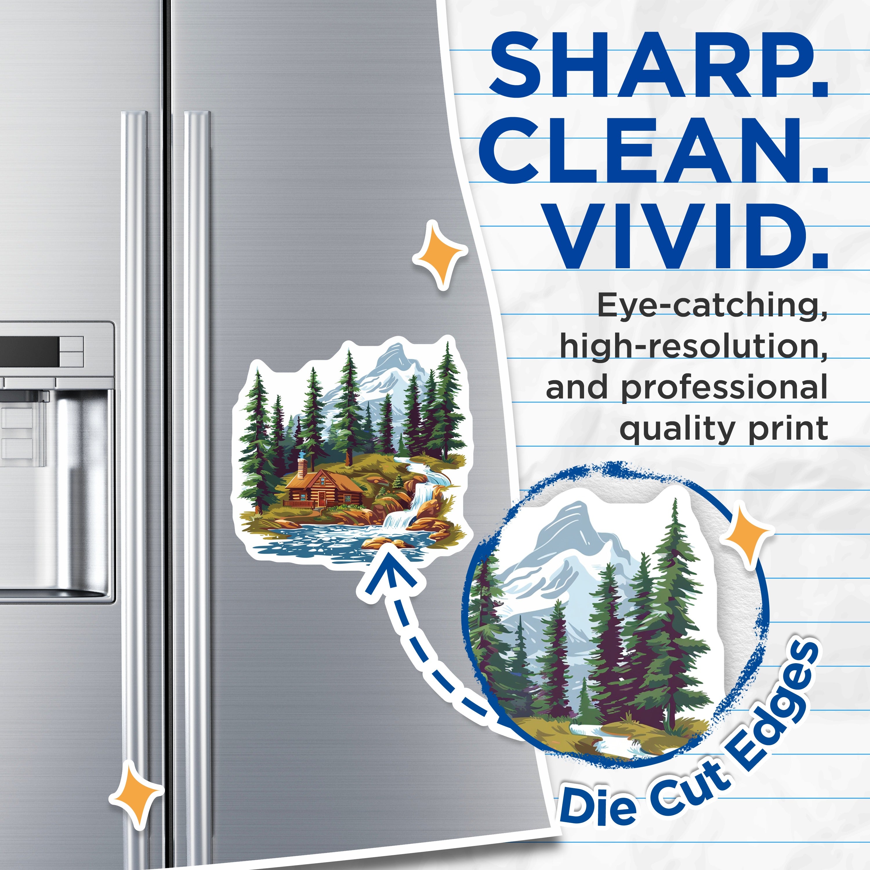 (2 Pack) Mountain Cabin Magnets - Rustic Forest Waterfall Magnets - Nature Lover Fridge Decor - 5 Inches On Longest Side - Thick Durable Magnet - Made in USA - MAG37797