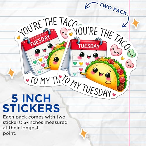 (2 Pack) Cute Taco Tuesday Stickers - Kawaii Food Stickers - Adorable Calendar Stickers - 5" On Longest Side - Sticks to Any Smooth Flat Surface - Made in USA - BMCS3580