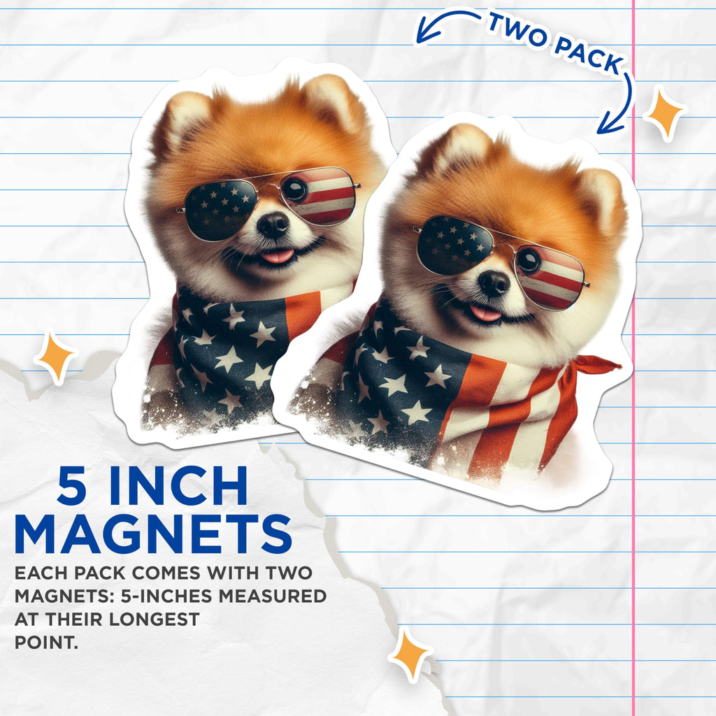 (2 Pack) Pomeranian Dog Magnets - American Flag Patriotic Decor - Cute Puppy Fridge Magnets - 5" On Longest Side - Premium Magnet - for Cars, Refrigerators, Toolboxes, Lockers - Made in USA - MAG15837