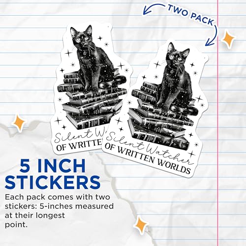 (2 Pack) Silent Watcher of Written Worlds Stickers - Black Cat Book Lover Stickers - Literary Cat Vinyl Stickers - 5" On Longest Side - Sticks to Any Smooth Flat Surface - Made in USA - BMCS3562