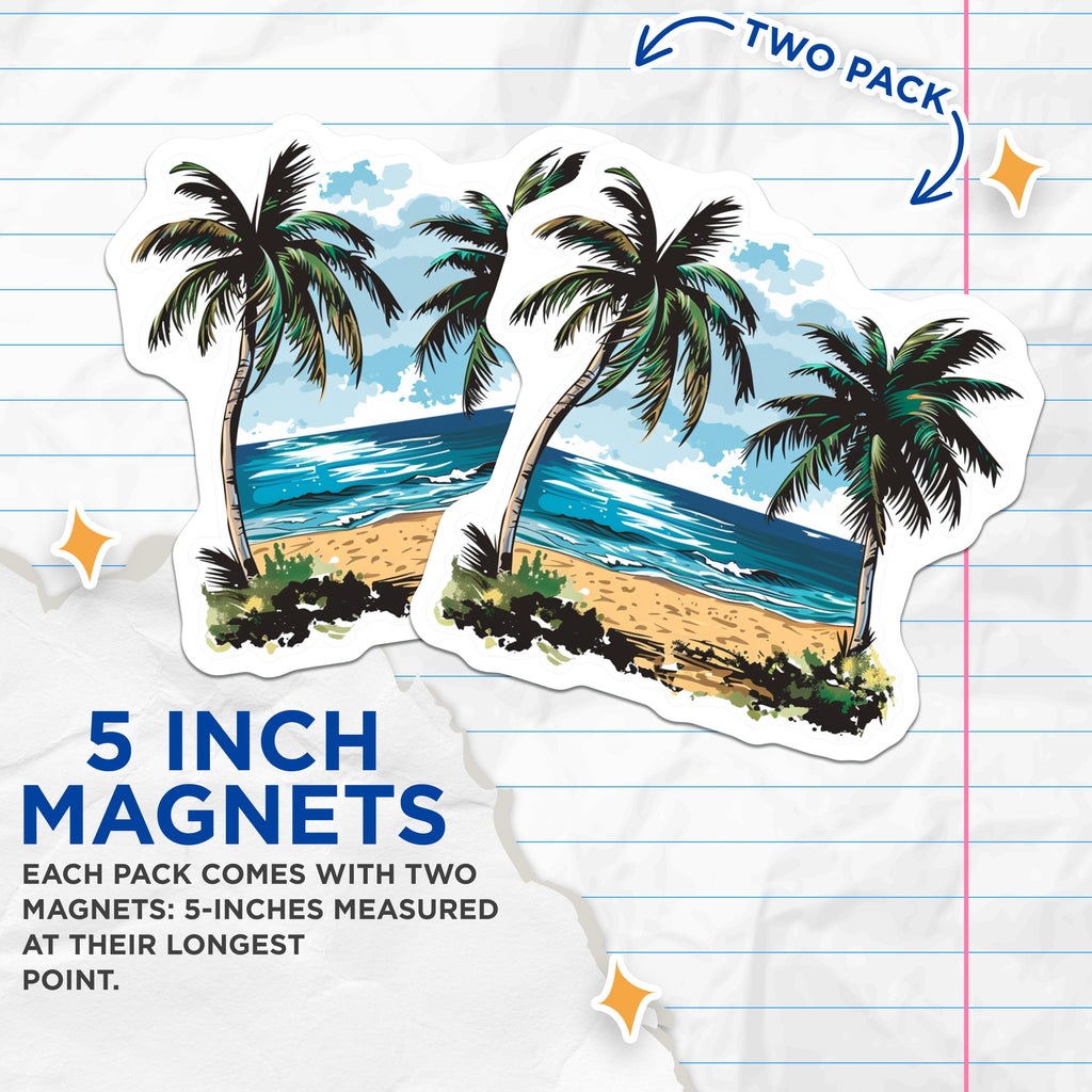 (2 Pack) Palm Tree Beach Scene Magnets - Tropical Ocean Decor - Summer Vacation Reminders - 5 Inches On Longest Side - Thick Durable Magnet - Made in USA - MAG38921