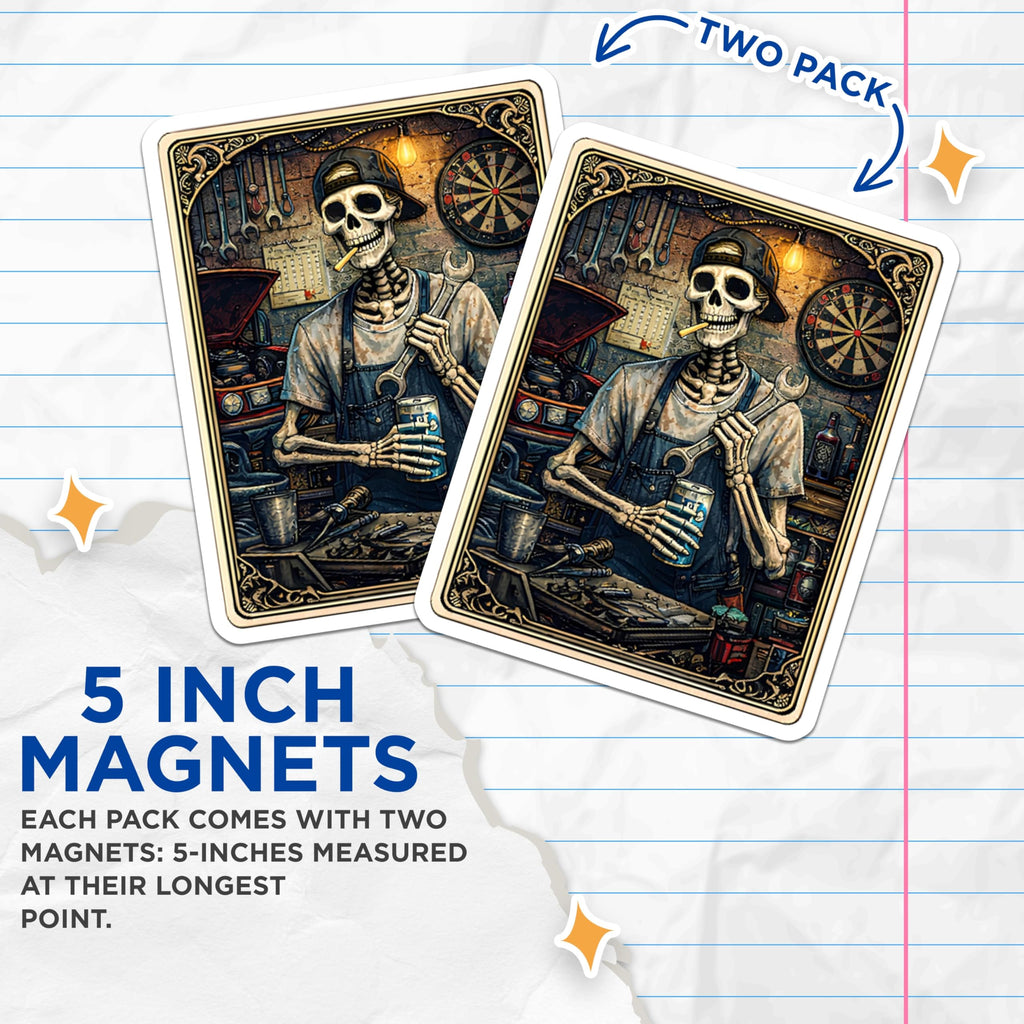 (2 Pack) Skeleton Mechanic Magnets - Garage Art - Tool Guy Decor - 5" On Longest Side - Premium Magnet - for Cars, Refrigerators, Toolboxes, Lockers - Made in USA - MAG16074