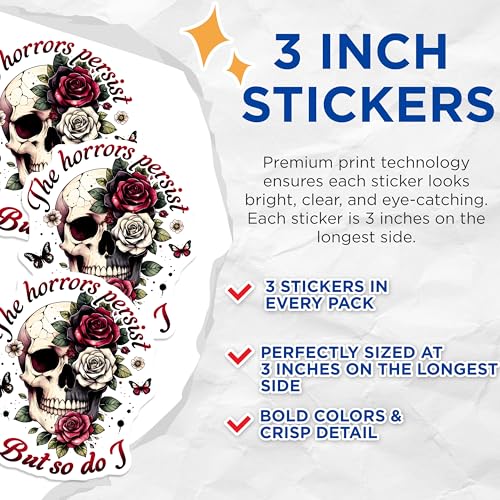 (3 Pack) Skull and Roses Decals - Gothic Laptop Stickers - Floral Skull Decals - 3 Inches On Longest Side - Easy Peel & Apply - Made in USA - 3MCS6148