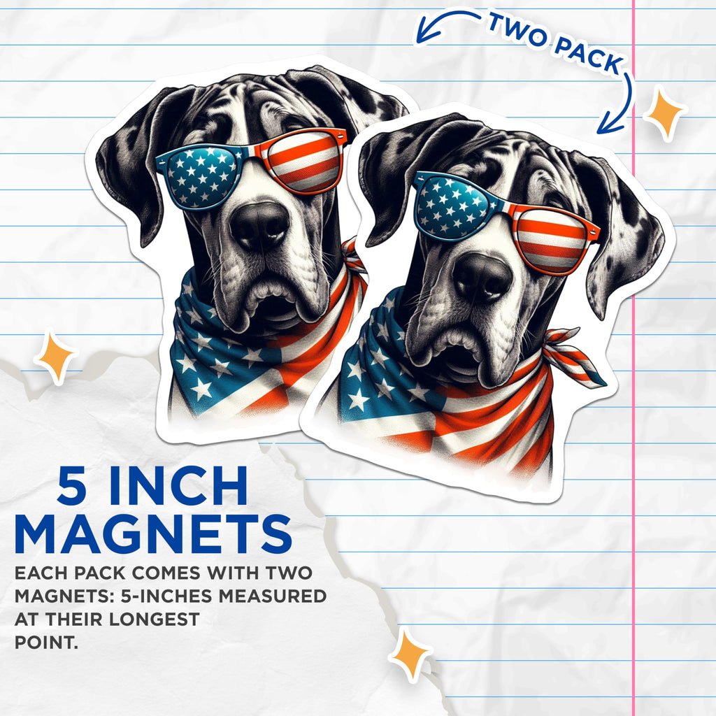 (2 Pack) Great Dane Dog Magnets - Patriotic Pup - American Flag Accessories - 5" On Longest Side - Premium Magnet - for Cars, Refrigerators, Toolboxes, Lockers - Made in USA - MAG15008
