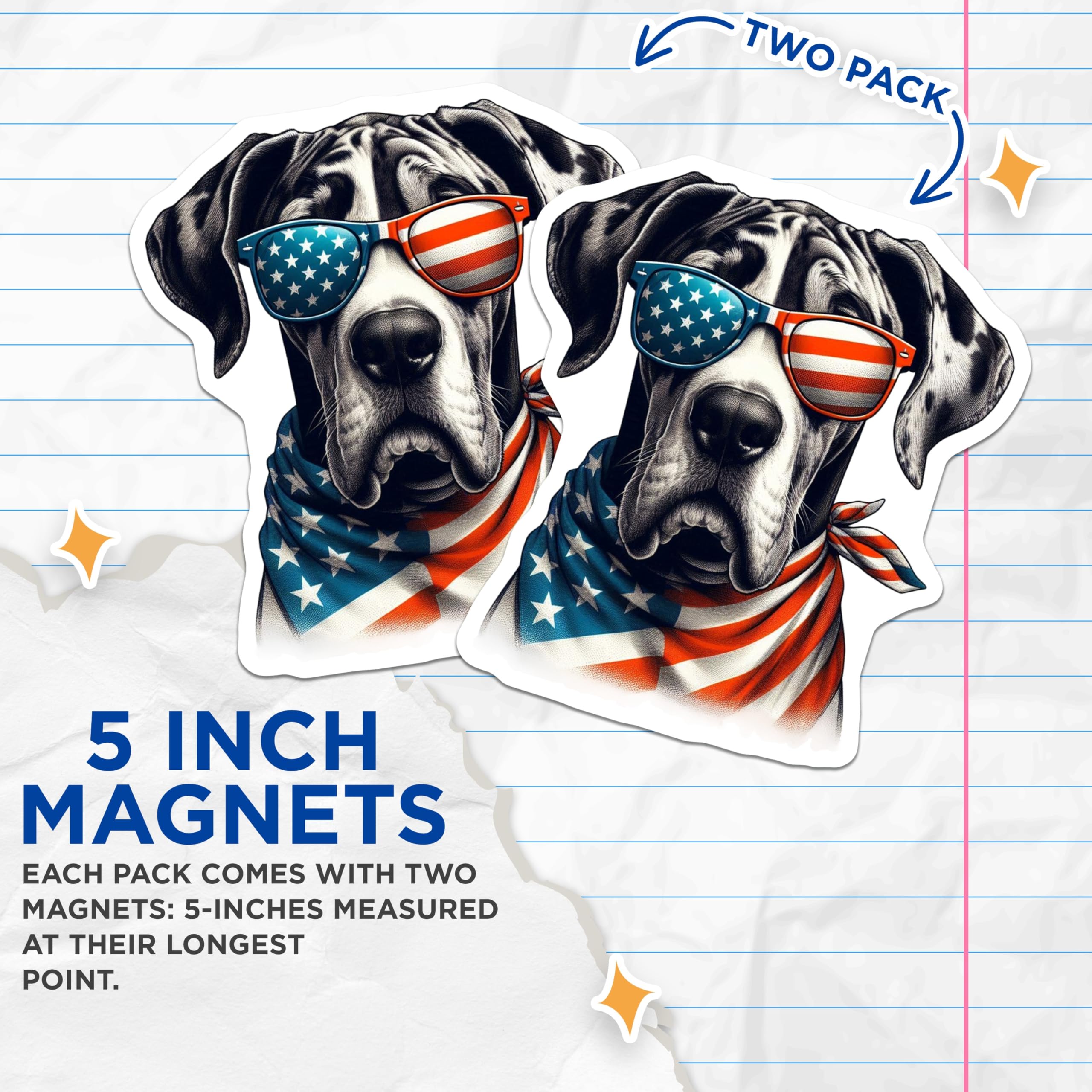 (2 Pack) Great Dane Dog Magnets - Patriotic Pup - American Flag Accessories - 5" On Longest Side - Premium Magnet - for Cars, Refrigerators, Toolboxes, Lockers - Made in USA - MAG15008