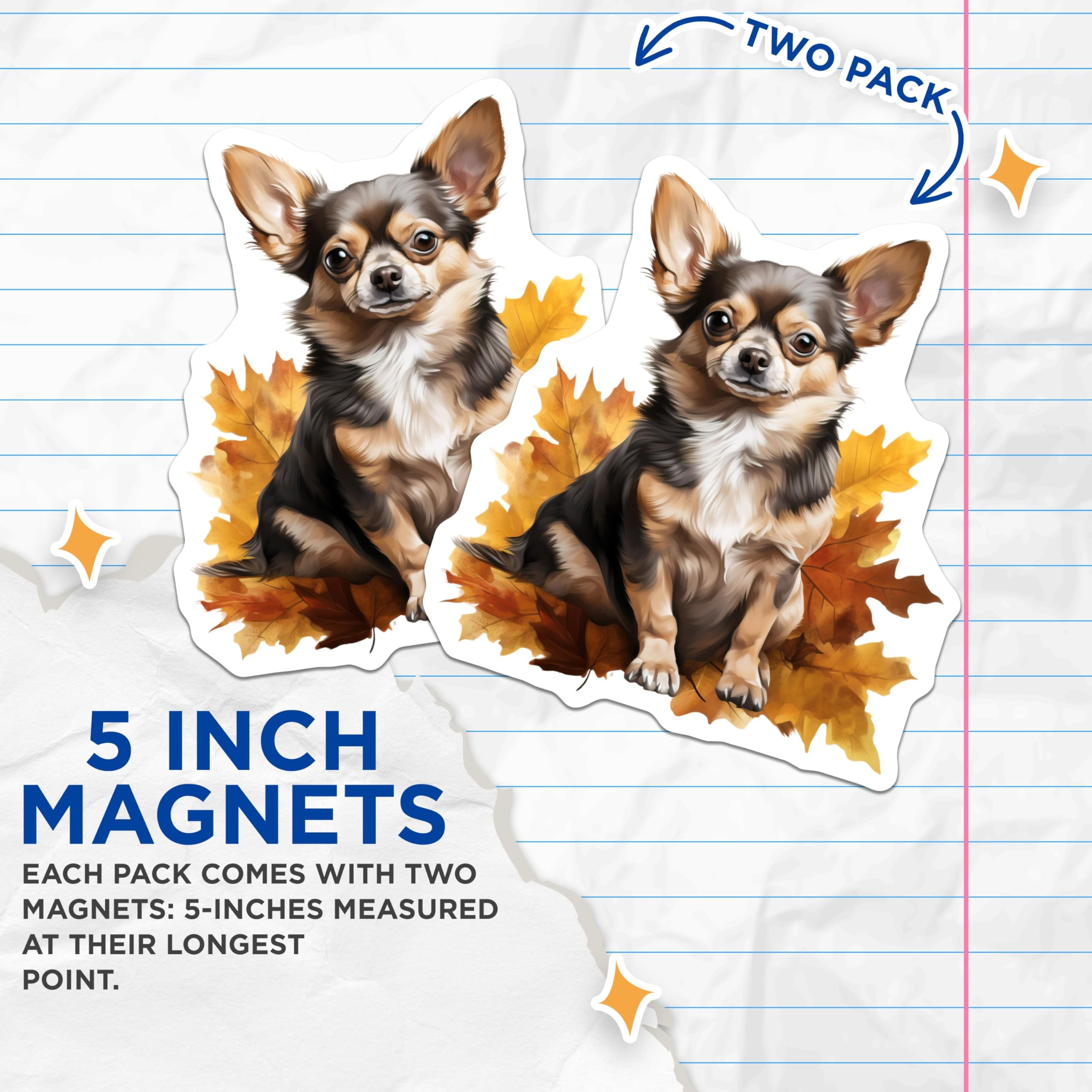 (2 Pack) Long Haired Chihuahua Magnets - Autumn Dog Lover Decor - Fall Pet Parent Accessory - 5 Inches On Longest Side - Thick Durable Magnet - Made in USA - MAG25853