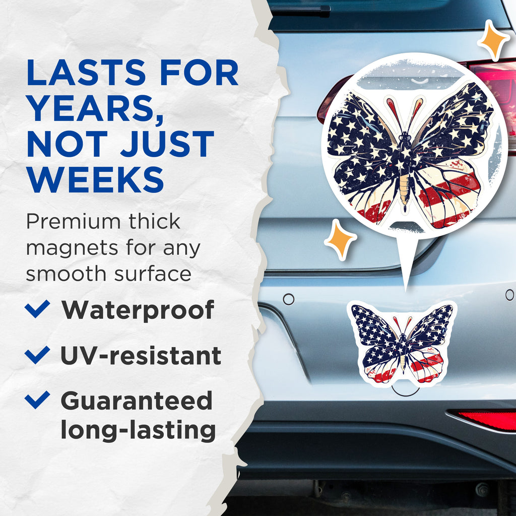 (2 Pack) American Flag Butterfly Magnets - Patriotic USA Decor - Independence Day Display - Stars Stripes Spirit - 5 Inches On Longest Side - Thick Durable Magnet - Made in USA - MAG39765