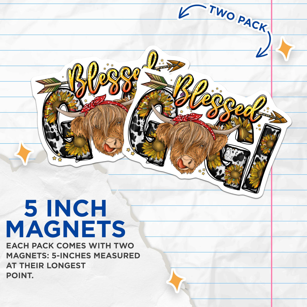 (2 Pack) Blessed Mama Magnets - Highland Cow Sunflowers - Country Farmhouse Decor - Cute Animal Fridge Magnet for Mom - 5 Inches On Longest Side - Thick Durable Magnet - Made in USA - MAG29266