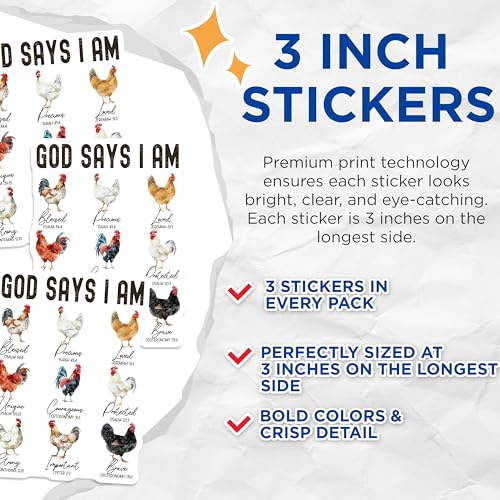 (3 Pack) God Says I Am Decals - Chicken Art Stickers - Religious Verse Decals - 3 Inches On Longest Side - Easy Peel & Apply - Made in USA - 3MCS2255