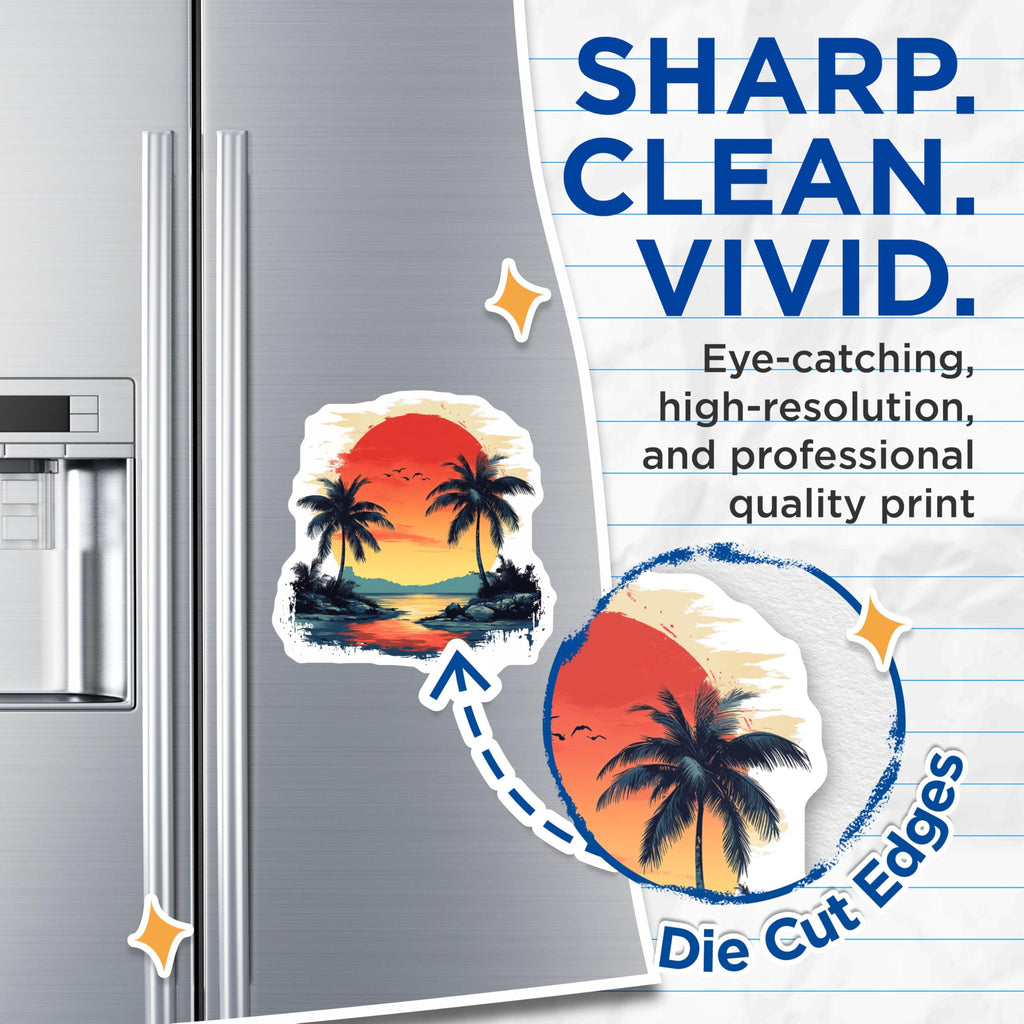 (2 Pack) Tropical Sunset Magnets - Palm Trees Beach Scenery - Ocean Horizon Paradise Island View Travel Artwork - 5 Inches On Longest Side - Thick Durable Magnet - Made in USA - MAG24029
