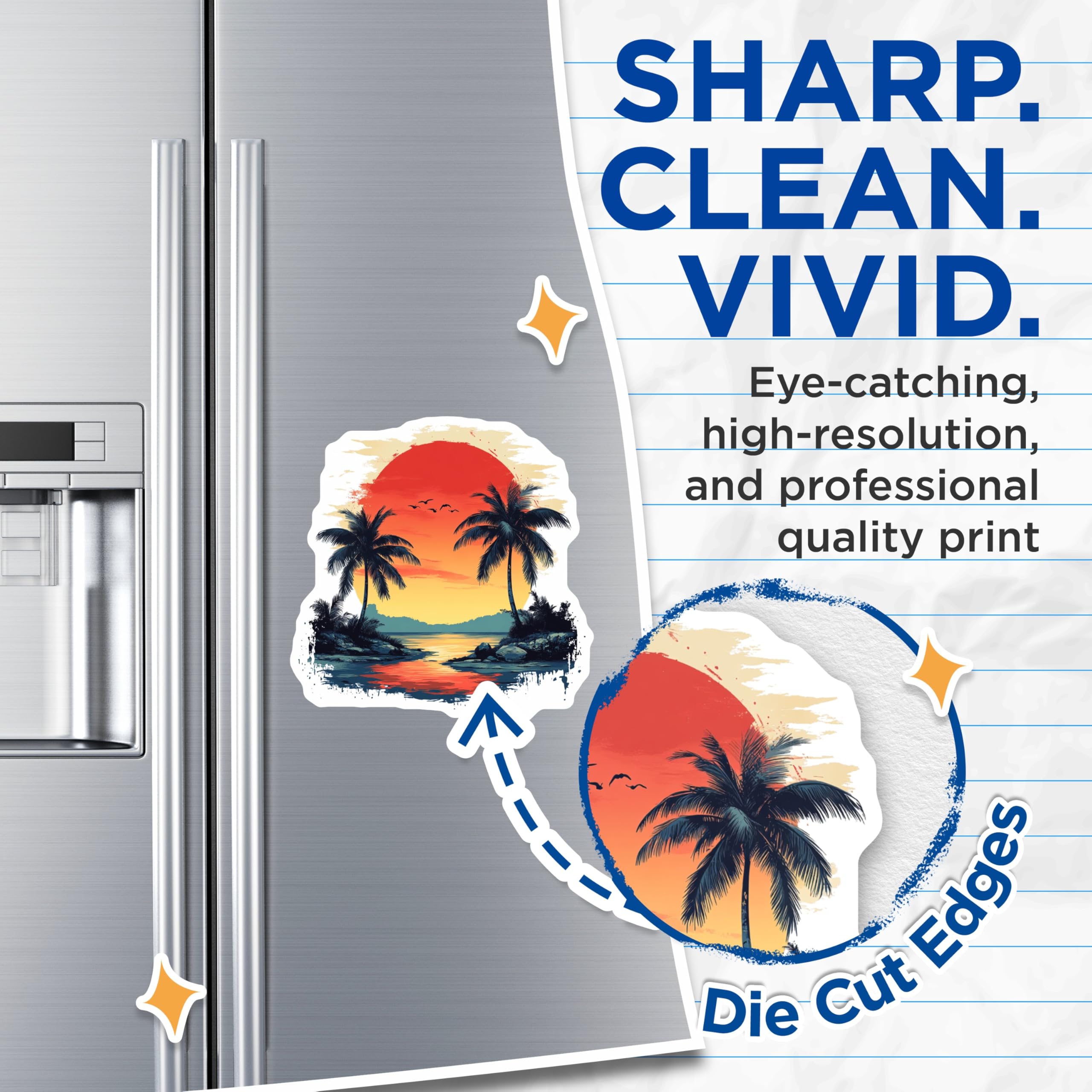(2 Pack) Tropical Sunset Magnets - Palm Trees Beach Scenery - Ocean Horizon Paradise Island View Travel Artwork - 5 Inches On Longest Side - Thick Durable Magnet - Made in USA - MAG24029