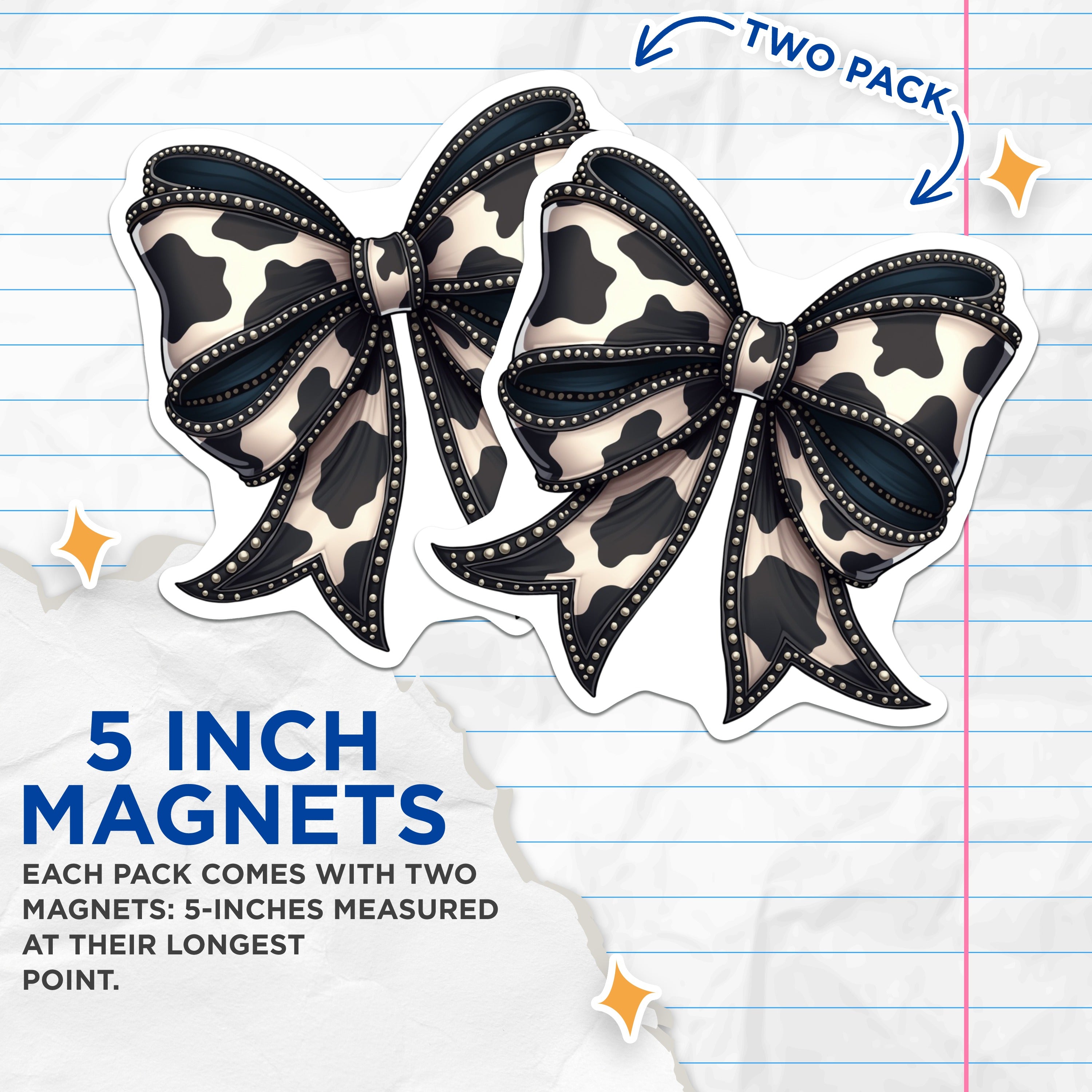 (2 Pack) Cow Print Bow Magnets - Western Farmhouse Decor - Studded Country Chic Refrigerator Magnets - 5 Inches On Longest Side - Thick Durable Magnet - Made in USA - MAG38729