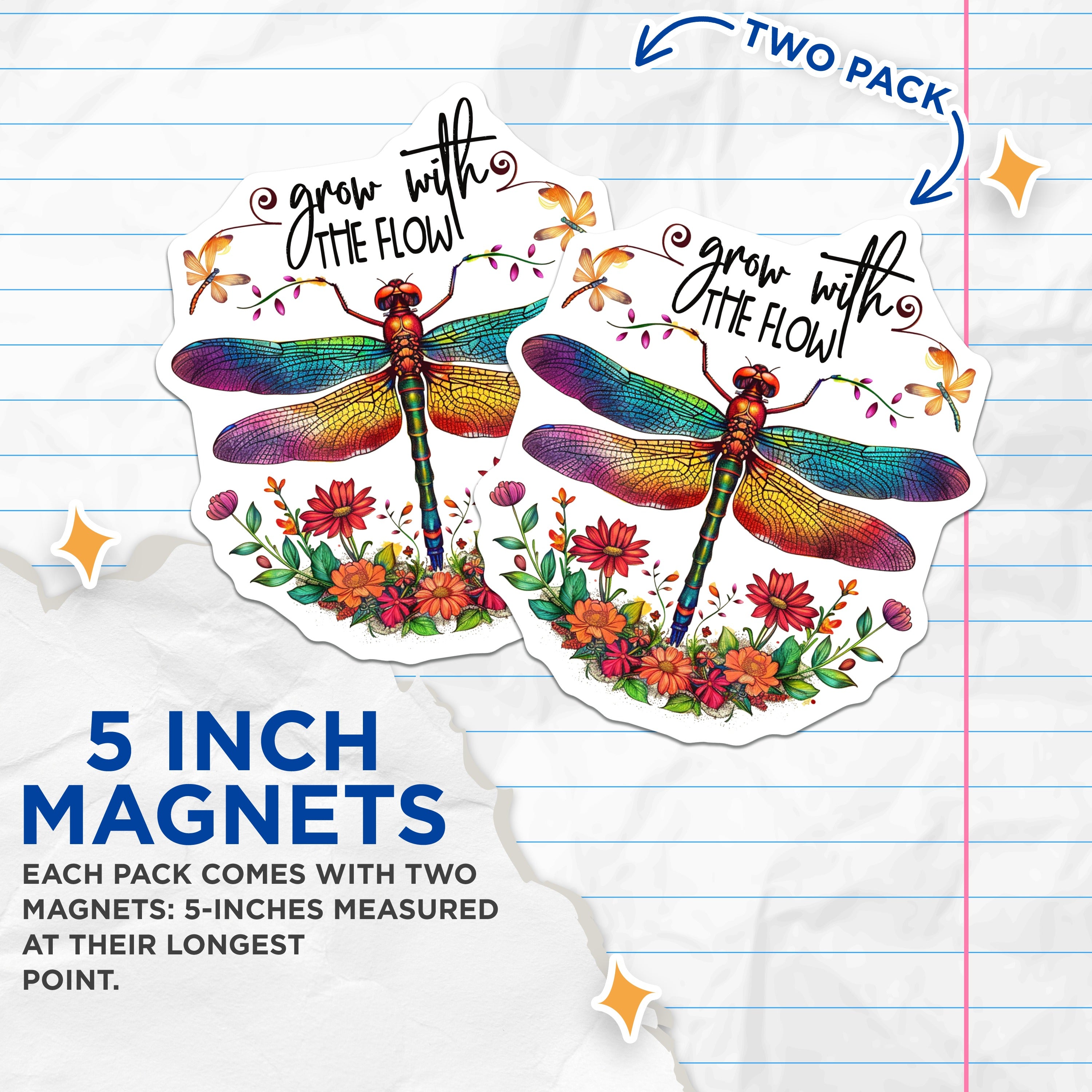 (2 Pack) Grow with The Flow Magnets - Dragonfly Art Decor - Positive Affirmation Fridge Magnets - 5 Inches On Longest Side - Thick Durable Magnet - Made in USA - MAG38111