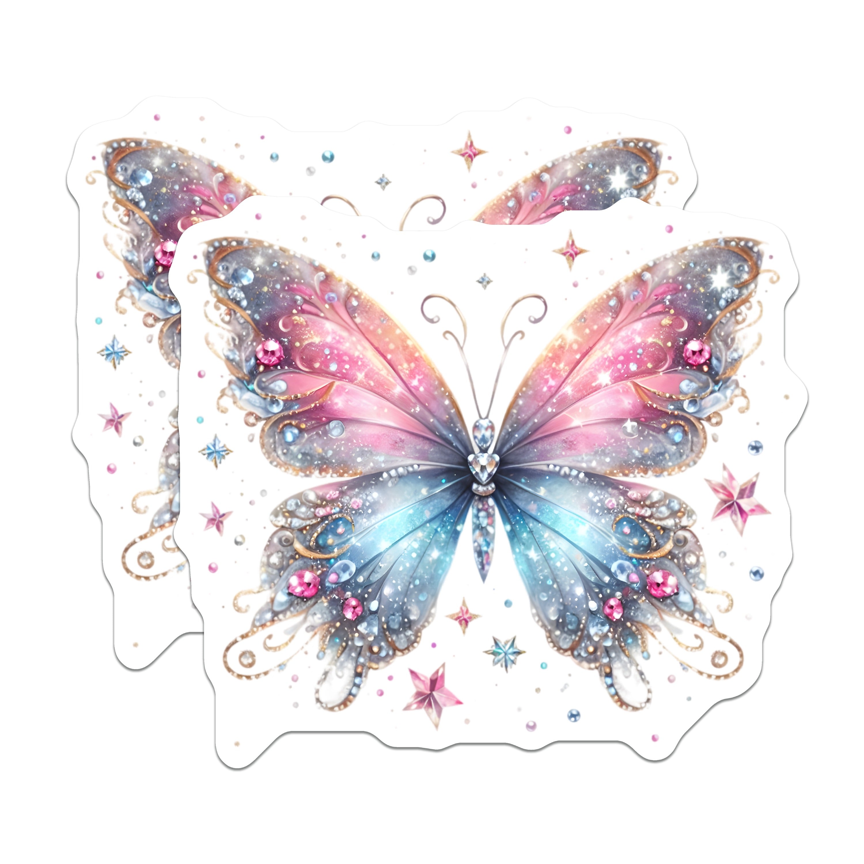 (2 Pack) Jeweled Butterfly Magnets - Sparkly Fairy Wing Aesthetic - Pink Blue Fantasy Celestial Refrigerator Decor Accent - 5 Inches On Longest Side - Thick Durable Magnet - Made in USA - MAG37619