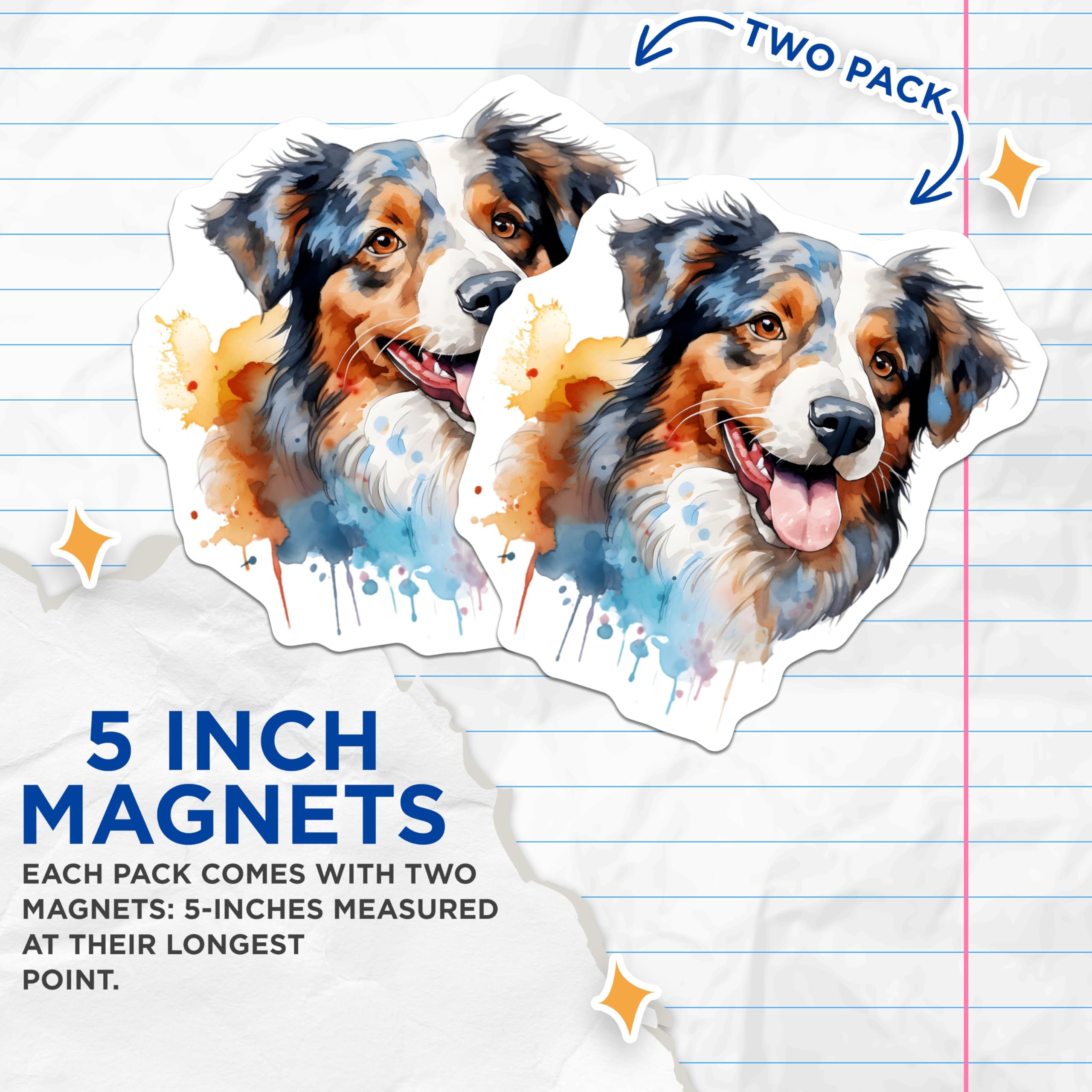 (2 Pack) Australian Shepherd Dog Magnets - Watercolor Aussie Art - Dog Owner Present for Pet Lovers - 5 Inches On Longest Side - Thick Durable Magnet - Made in USA - MAG25407