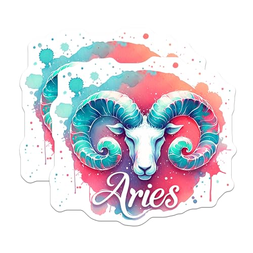 (2 Pack) Aries Zodiac Stickers - Watercolor Ram Stickers - Astrology Stickers - 5" On Longest Side - Sticks to Smooth Flat Surfaces - Made in USA - BMCS5861