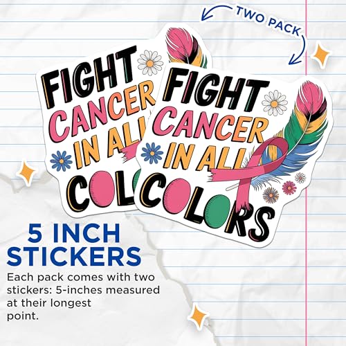 (2 Pack) Fight Cancer in All Colors Stickers - Awareness Ribbon Decal - Colorful Inspirational Sticker - 5" On Longest Side - Sticks to Smooth Flat Surfaces - Made in USA - BMCS8748