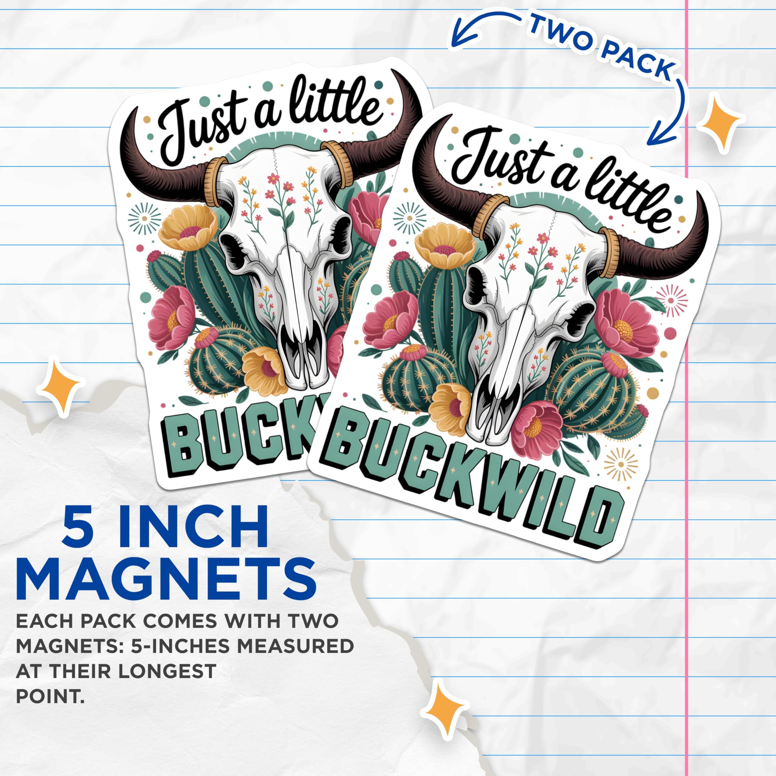 (2 Pack) Bull Skull Magnets - Floral Cactus Desert Decor - Southwestern Bohemian Buckwild Aesthetic - Unique Home Accents - 5 Inches On Longest Side - Thick Durable Magnet - Made in USA - MAG21724