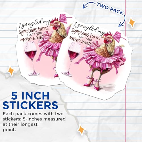 (2 Pack) Funny Chicken Stickers - Wine Lover Stickers - Cute Animal Stickers for Laptop Car - 5" On Longest Side - Sticks to Smooth Flat Surfaces - Made in USA - BMCS4365