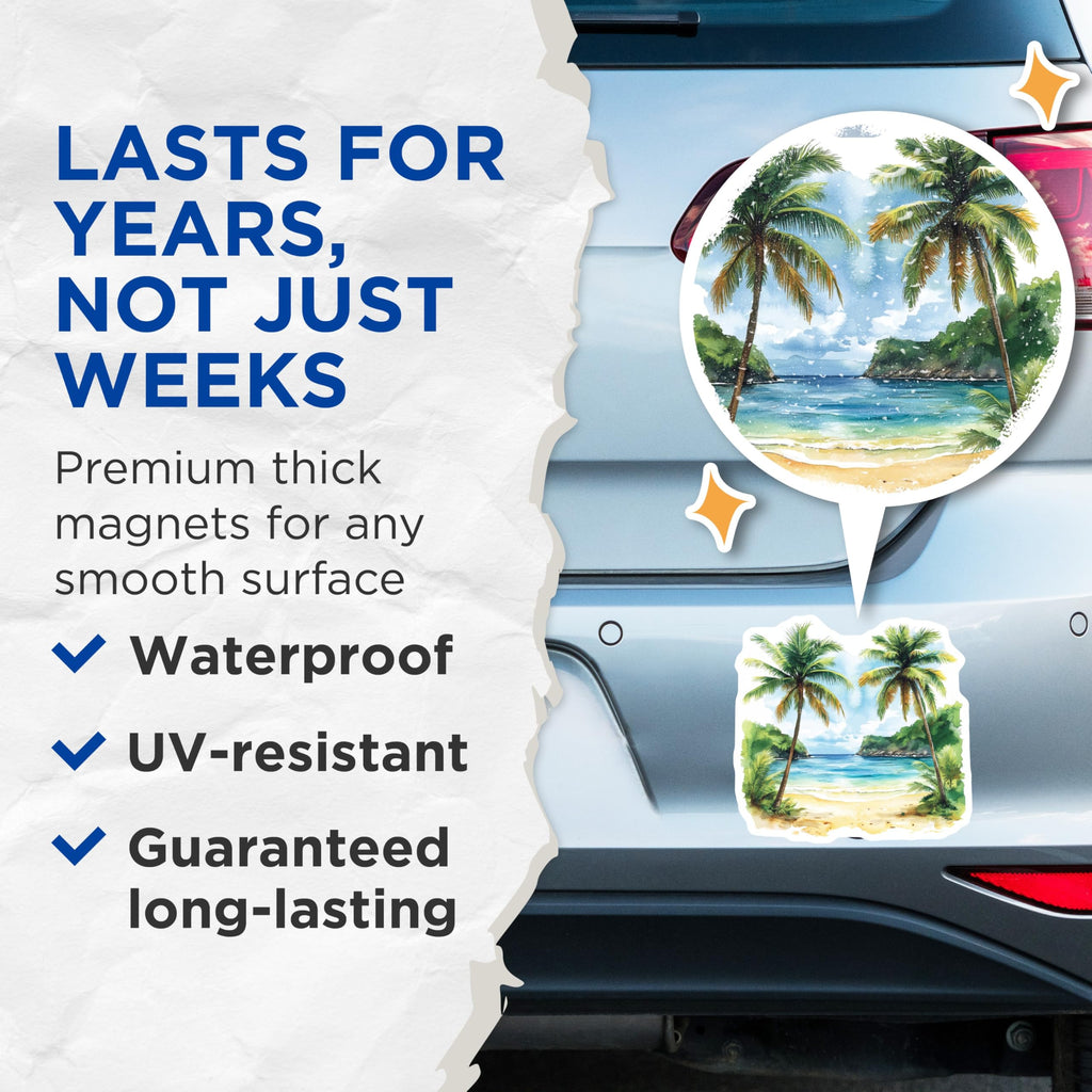 (2 Pack) Watercolor Tropical Beach Magnets - Palm Tree Island Decor - Serene Ocean View Art - 5 Inches On Longest Side - Thick Durable Magnet - Made in USA - MAG24033