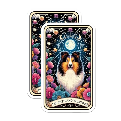 (2 Pack) Shetland Sheepdog Stickers - Cute Dog Stickers - Floral Dog Art Stickers - 5" On Longest Side - Sticks to Smooth Flat Surfaces - Made in USA - BMCS5305