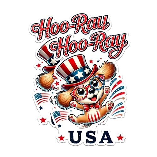(2 Pack) Hoo-Ray USA Stickers - Patriotic Dog Stickers - Fourth of July Stickers - 5" On Longest Side - Sticks to Any Smooth Flat Surface - Made in USA - BMCS2722