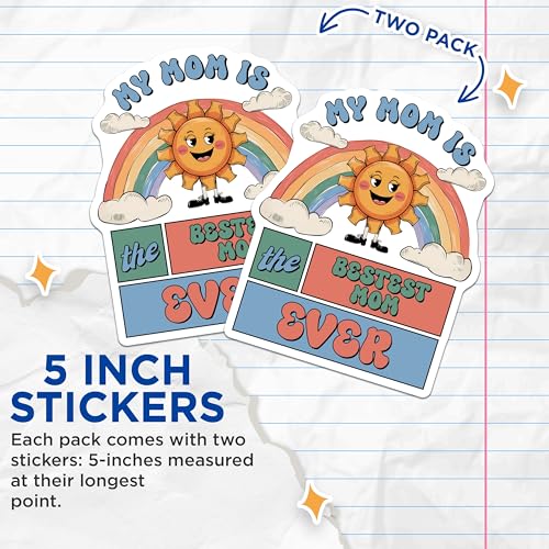 (2 Pack) Mom Stickers - Rainbow Design - Cute Sun Illustration - 5" On Longest Side - Sticks to Smooth Flat Surfaces - Made in USA - BMCS8464