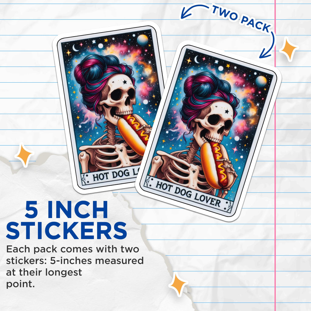 (2 Pack) Hot Dog Lover Stickers - Skeleton Stickers - Cosmic Art Stickers - 5" On Longest Side - Sticks to Smooth Flat Surfaces - Made in USA - BMCS5070