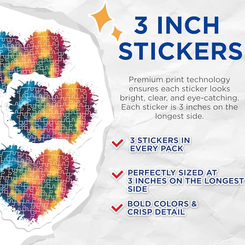 (3 Pack) Autism Awareness Decals - Puzzle Piece Heart - Autism Support Decals- 3 Inches On Longest Side - Easy Peel & Apply - Made in USA - 3MCS5475