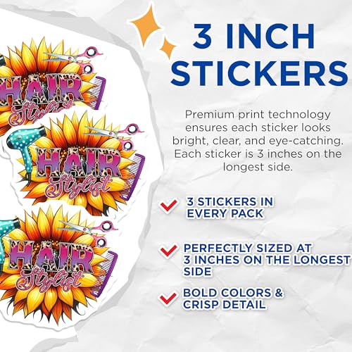 (3 Pack) Hair Stylist Decals - Sunflower Design - Salon Decor - Laptop Stickers - 3 Inches On Longest Side - Easy Peel & Apply - Made in USA - 3MCS6344