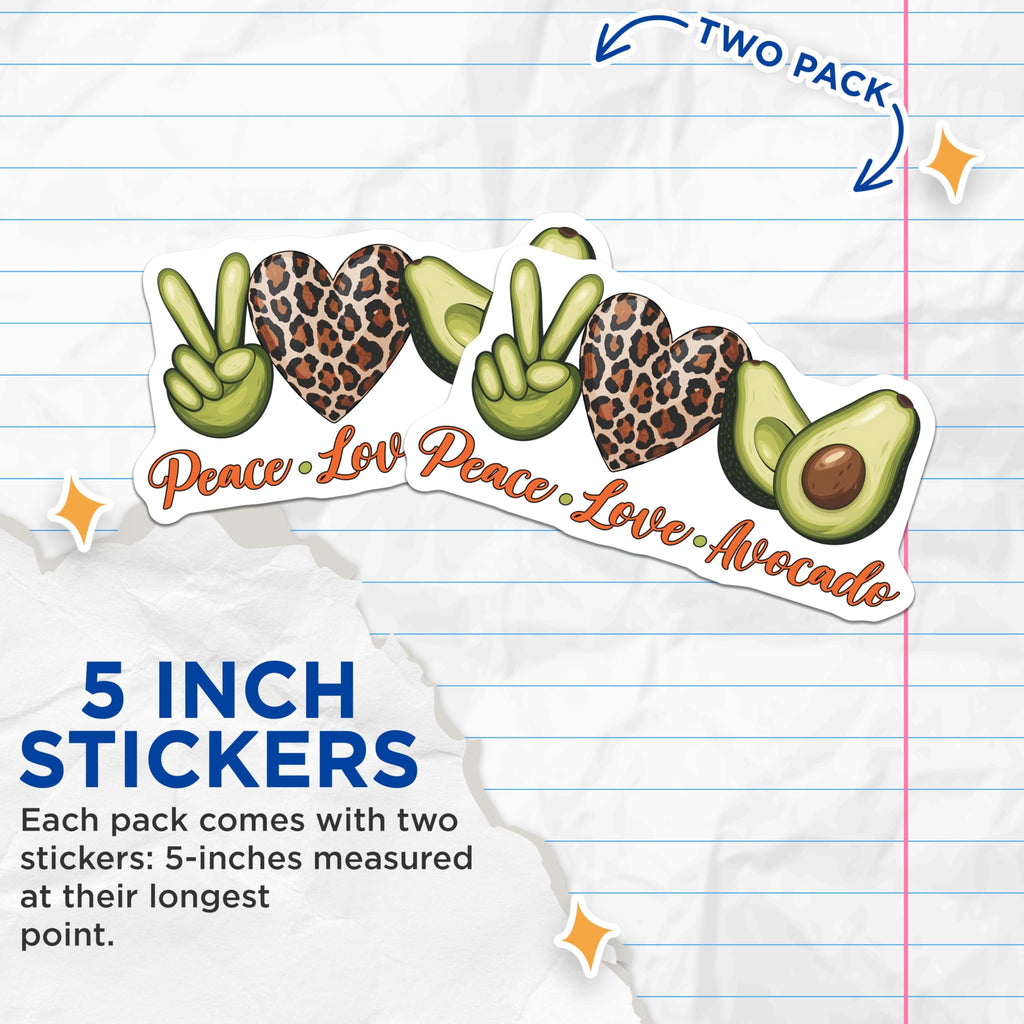 (2 Pack) Peace Love Avocado Stickers - Leopard Heart Decal - 5" On Longest Side - Sticks to Smooth Flat Surfaces - Made in USA - BMCS8385 - BMCS8385