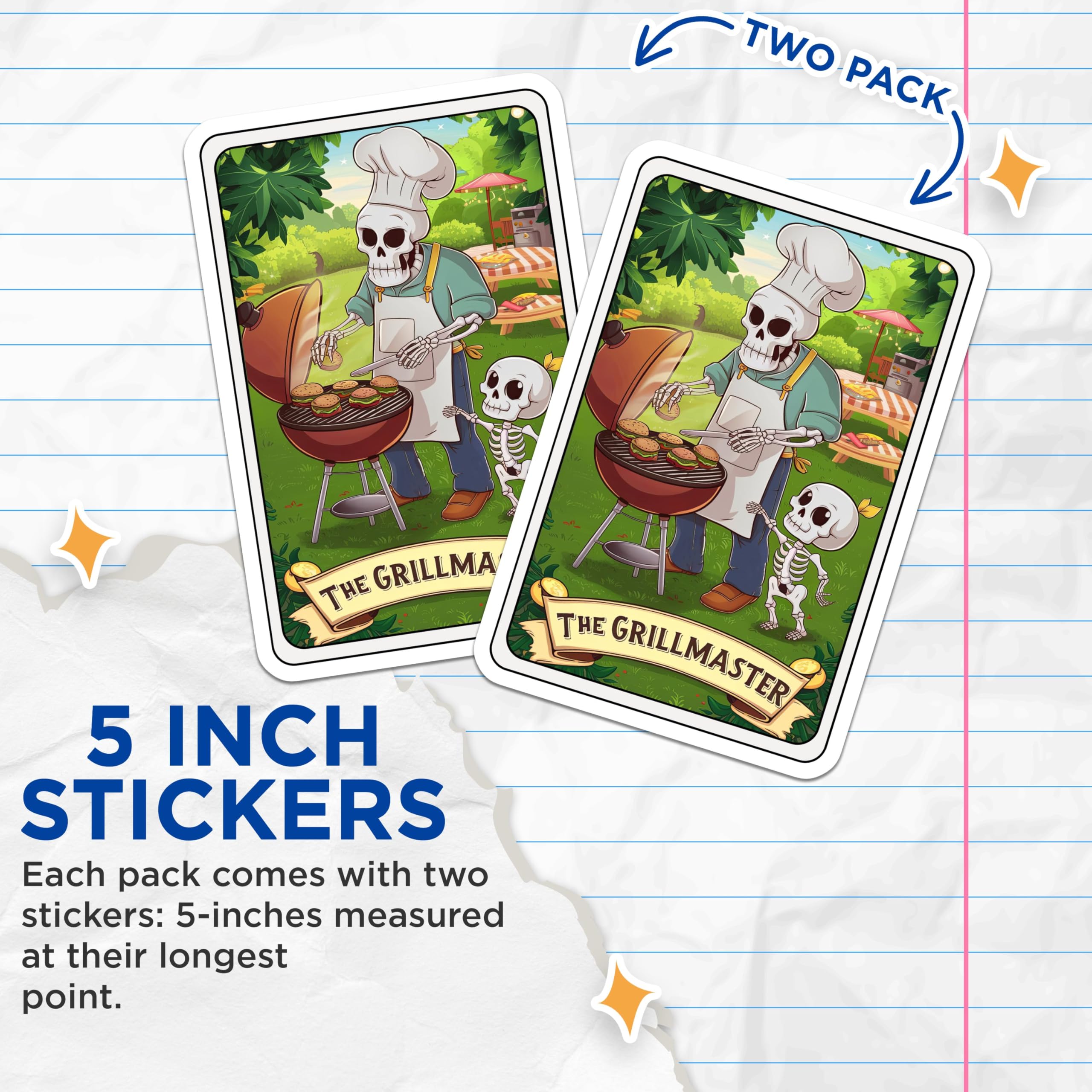 (2 Pack) The Grillmaster Stickers - Skeleton BBQ Stickers - Funny Cooking Stickers for Grill Lovers - 5" On Longest Side - Sticks to Smooth Flat Surfaces - Made in USA - BMCS4464