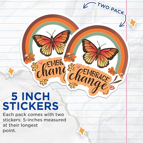 (2 Pack) Embrace Change Stickers - Inspirational Rainbow Butterfly - Motivational Quote - 5" On Longest Side - Sticks to Smooth Flat Surfaces - Made in USA - BMCS4333
