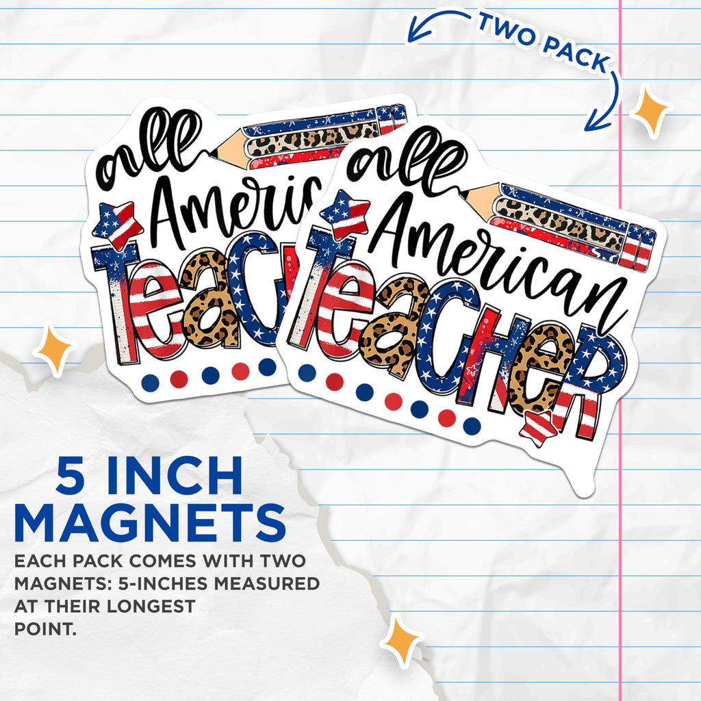 (2 Pack) All American Teacher Magnets - Patriotic Leopard Print School Decor - Educator Appreciation Present - 5 Inches On Longest Side - Thick Durable Magnet - Made in USA - MAG28361