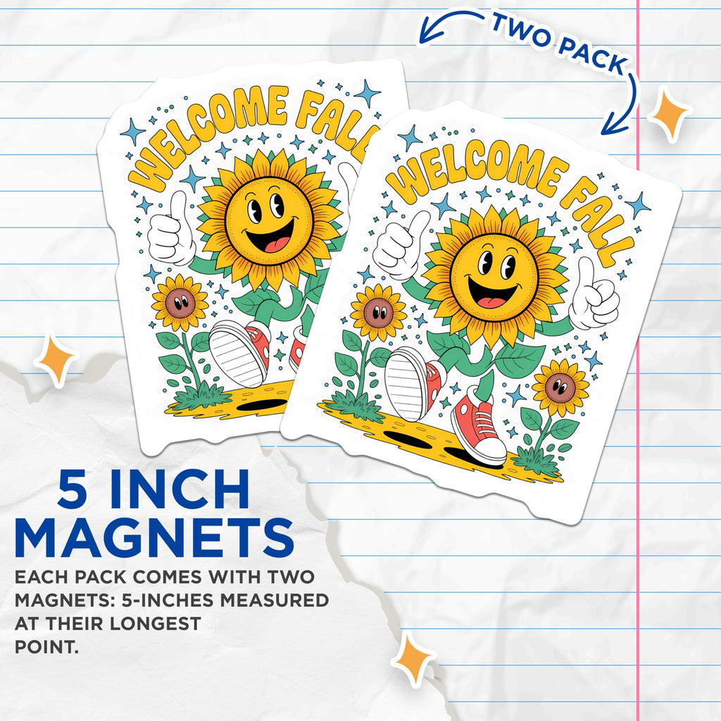 (2 Pack) Welcome Fall Magnets - Retro Sunflower Decoration - Autumn Refrigerator Decor - 5" On Longest Side - Premium Magnet - for Cars, Refrigerators, Toolboxes, Lockers - Made in USA - MAG15281