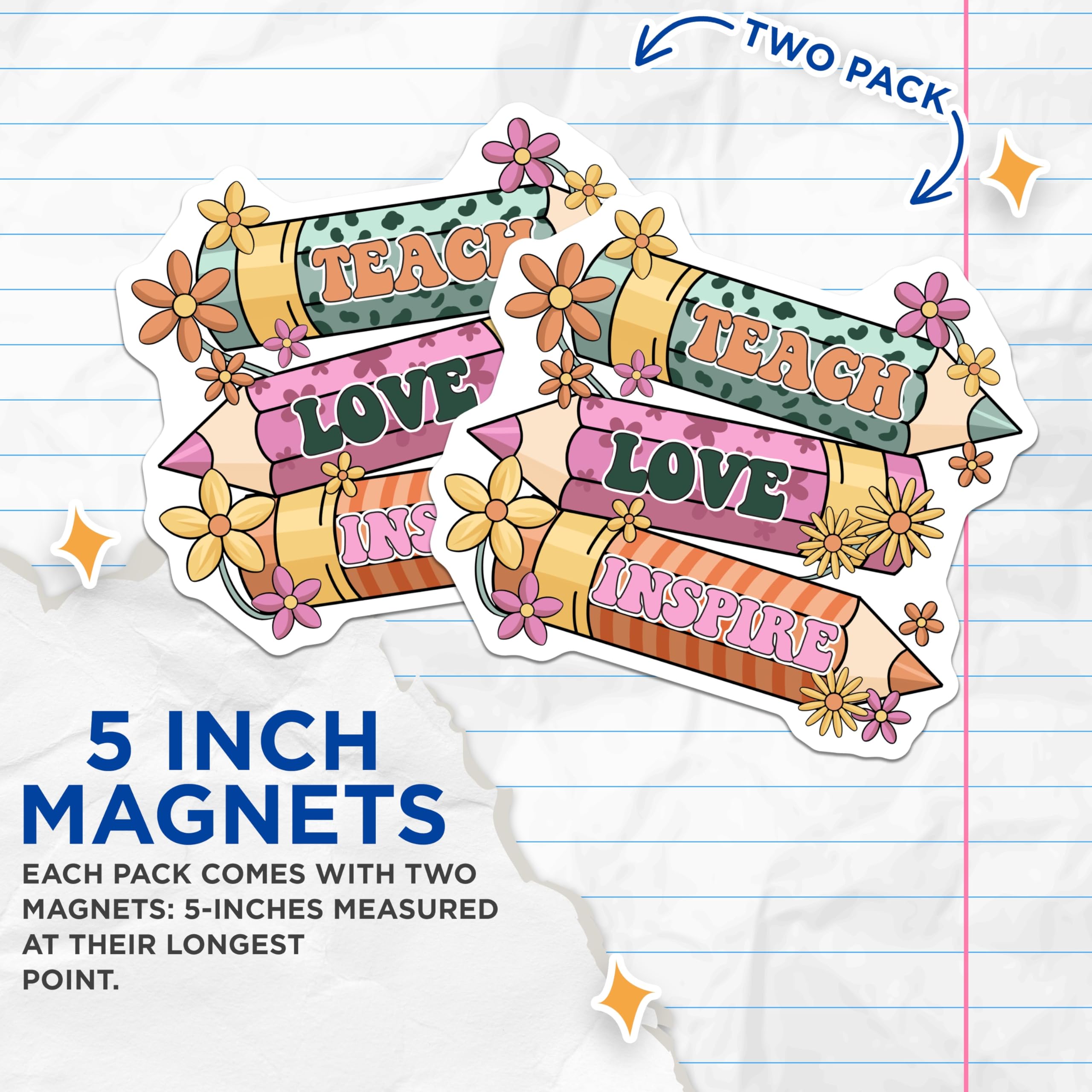 (2 Pack) Teacher Appreciation Magnets - Retro Teach Love Inspire - Floral Pencil Decor - 5" On Longest Side - Premium Magnet - for Cars, Refrigerators, Toolboxes, Lockers - Made in USA - MAG18284