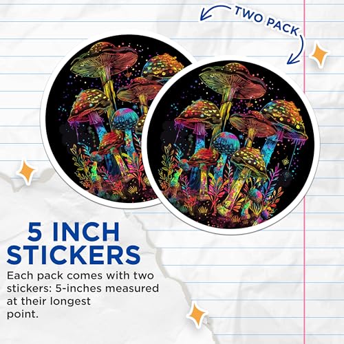 (2 Pack) Psychedelic Mushroom Stickers - Colorful Trippy Mushroom Art - Fungi Decals - 5" On Longest Side - Sticks to Smooth Flat Surfaces - Made in USA - BMCS6662