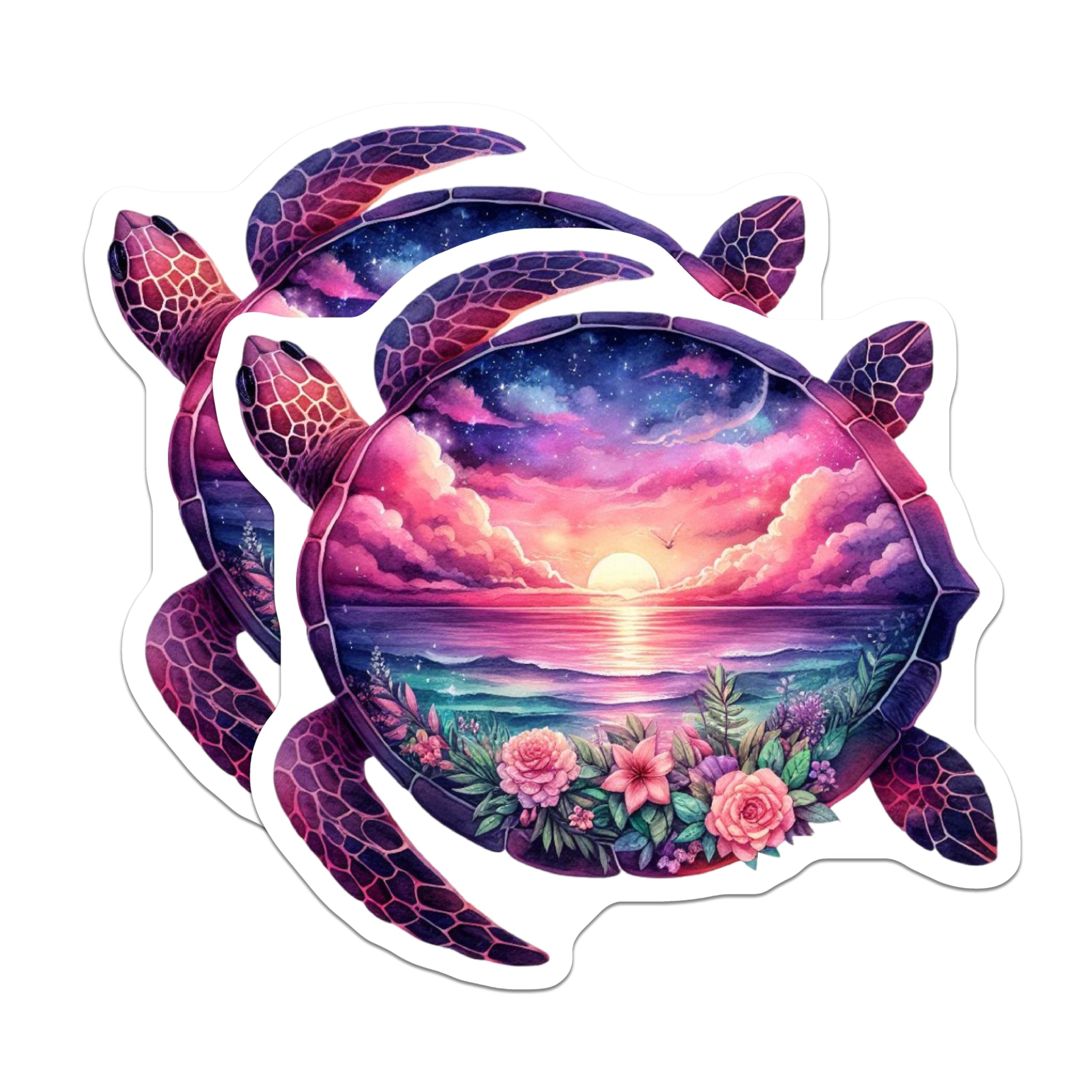 (2 Pack) Sea Turtle Magnets - Sunset Ocean View - Floral Shell Decor - Celestial Beach Theme - 5 Inches On Longest Side - Thick Durable Magnet - Made in USA - MAG22449