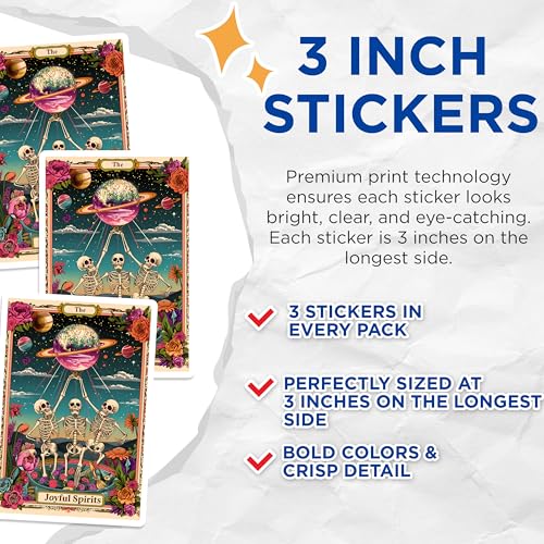 (3 Pack) Joyful Spirits Decals - Skeleton Planet Art - Unique Laptop Decal - 3 Inches On Longest Side - Easy Peel & Apply - Made in USA - 3MCS0007