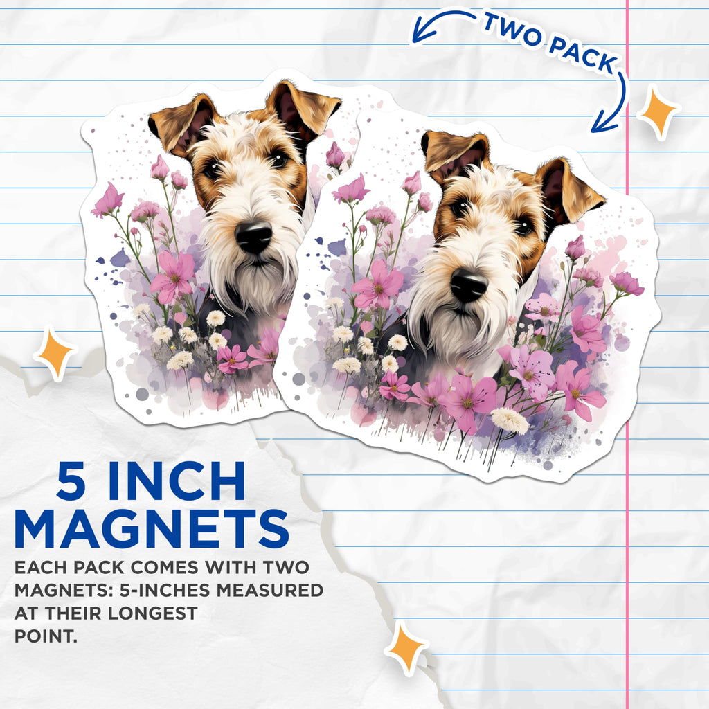 (2 Pack) Wire Fox Terrier Magnets - Floral Dog Refrigerator - Pet Lover Decor - 5 Inches On Longest Side - Thick Durable Magnet - Made in USA - MAG28453