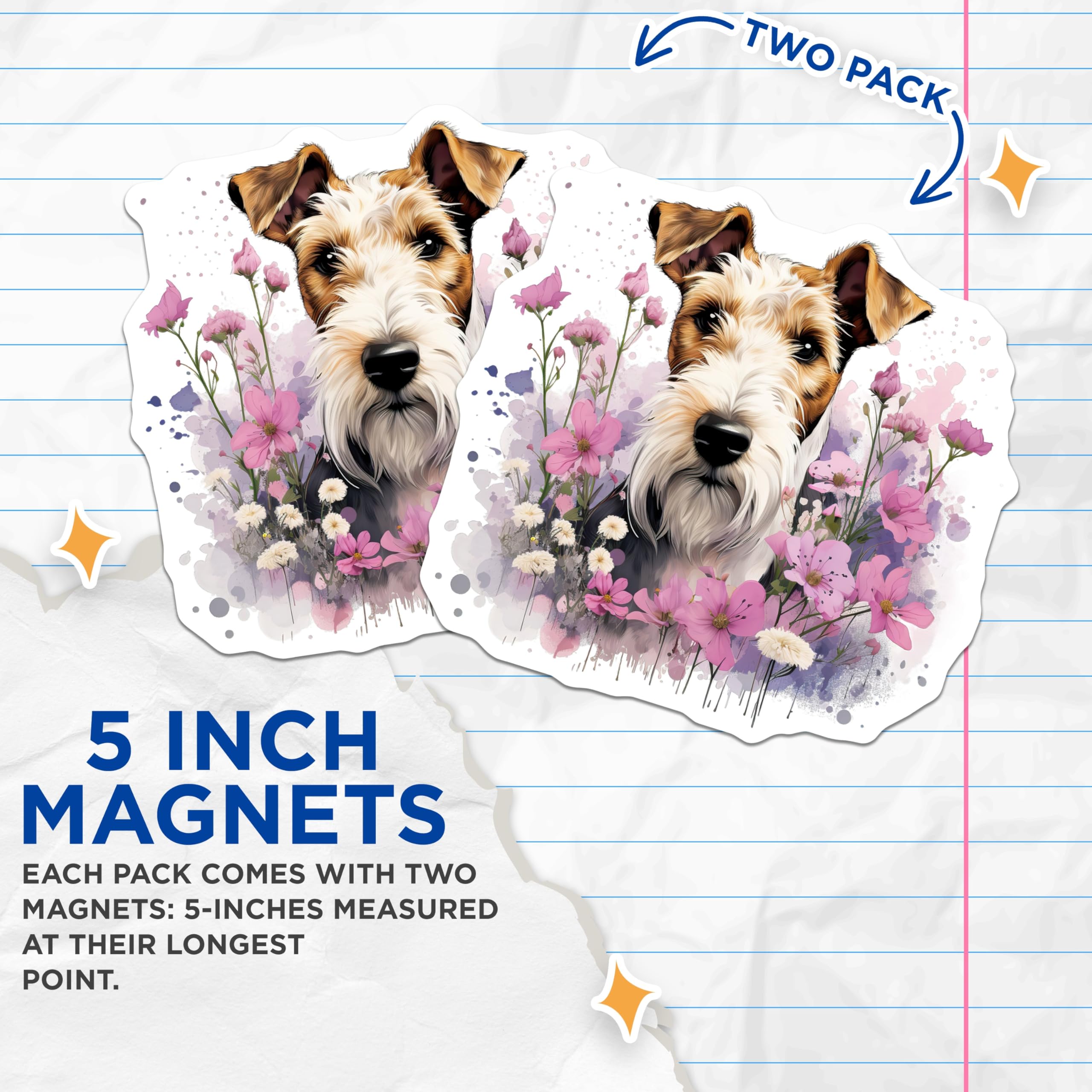 (2 Pack) Wire Fox Terrier Magnets - Floral Dog Refrigerator - Pet Lover Decor - 5 Inches On Longest Side - Thick Durable Magnet - Made in USA - MAG28453